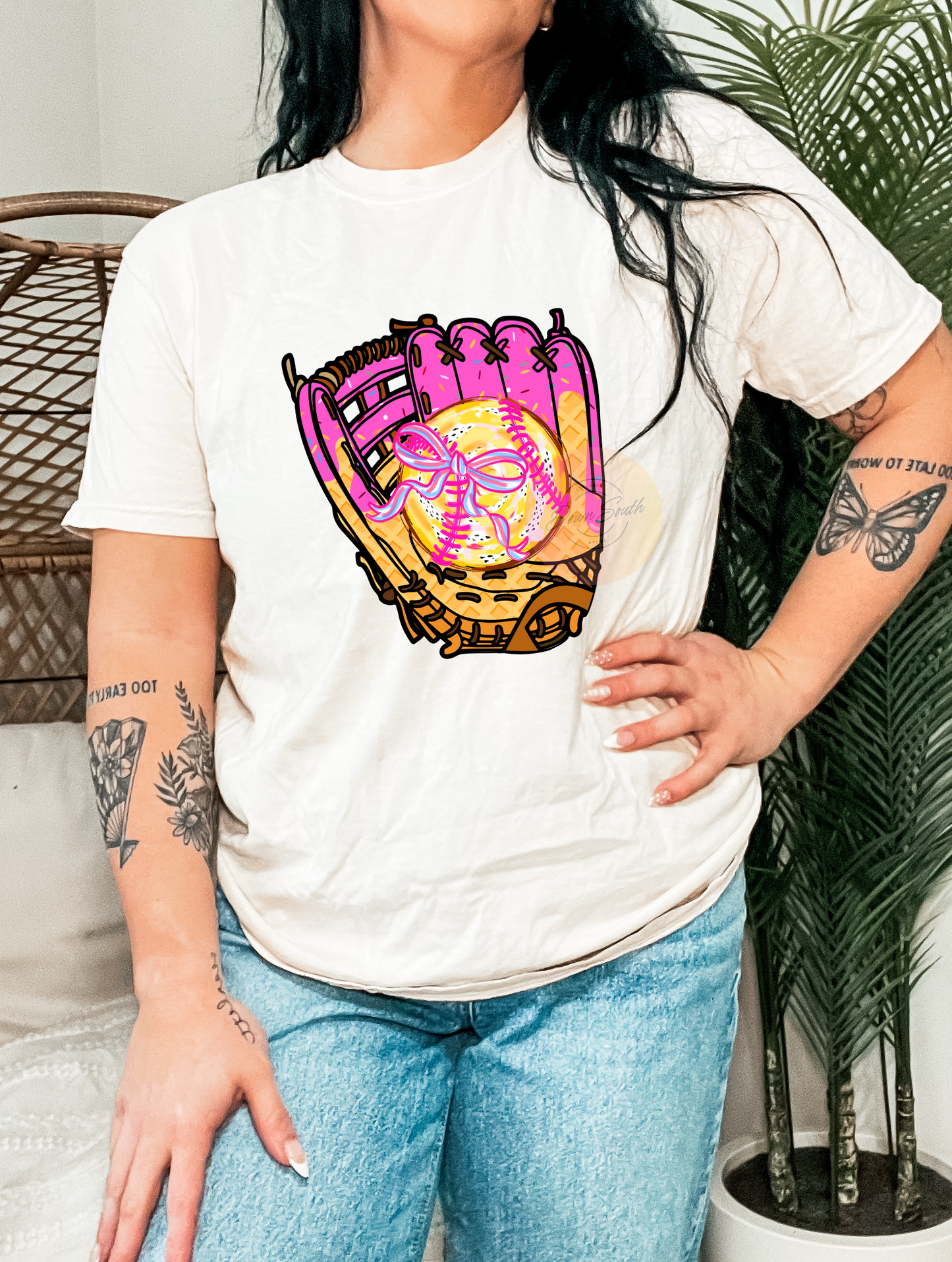 Pink glove softball women or kids tee
