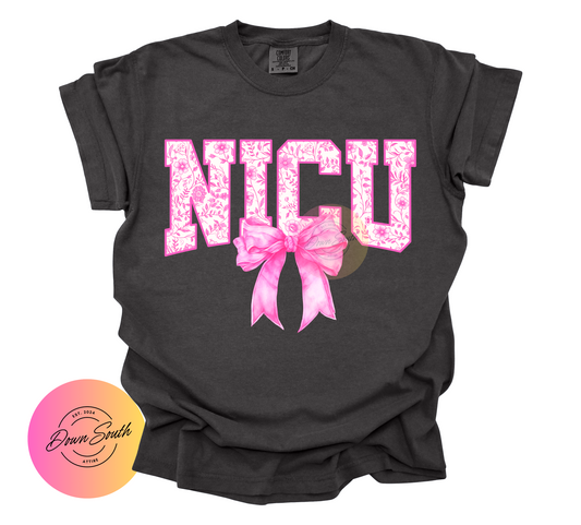 Pink floral and bow nicu nurse women’s tee