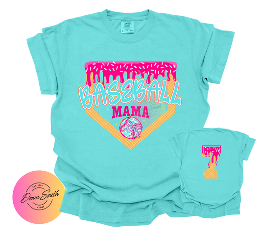 Baseball/softball drip Mama women’s tee with number on back