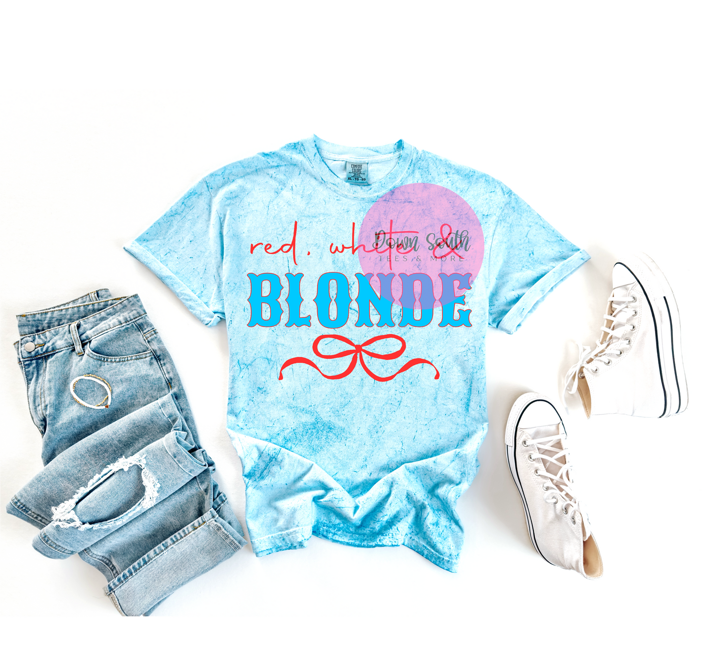 Red white and brunette / blonde women’s tee